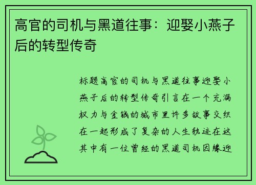 高官的司机与黑道往事：迎娶小燕子后的转型传奇