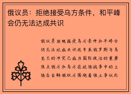 俄议员：拒绝接受乌方条件，和平峰会仍无法达成共识