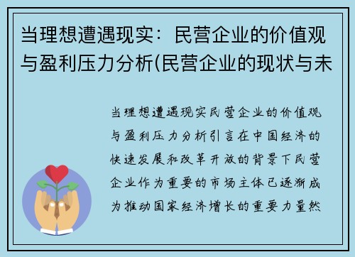 当理想遭遇现实：民营企业的价值观与盈利压力分析(民营企业的现状与未来发展)