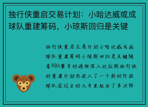 独行侠重启交易计划：小哈达威或成球队重建筹码，小琼斯回归是关键