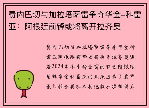 费内巴切与加拉塔萨雷争夺华金-科雷亚：阿根廷前锋或将离开拉齐奥