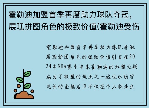 霍勒迪加盟首季再度助力球队夺冠，展现拼图角色的极致价值(霍勒迪受伤了吗)